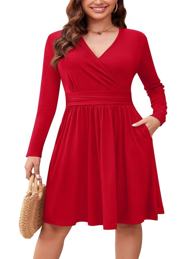 WEACZZY فستان خريفي طويل الأكمام بياقة على شكل حرف V من WEACZZY للنساء، مناسب لحفلات الكوكتيل وحفلات الزفاف، فستان أحمر شبه رسمي مع جيوب، أحمر، مقاس 3XL - Image 1